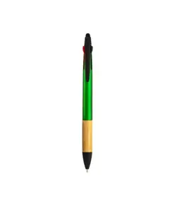 Penna a scatto in plastica con 3 refill, con gommino per touch screen, impugnatura in bamb