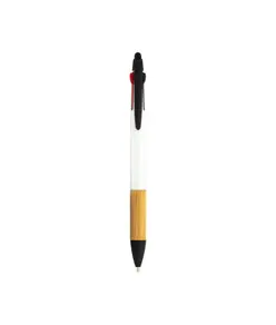 Penna a scatto in plastica con 3 refill, con gommino per touch screen, impugnatura in bamb