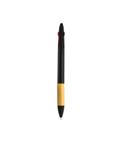 Penna a scatto in plastica con 3 refill, con gommino per touch screen, impugnatura in bamb