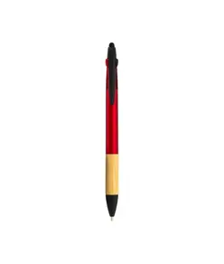 Penna a scatto in plastica con 3 refill, con gommino per touch screen, impugnatura in bamb