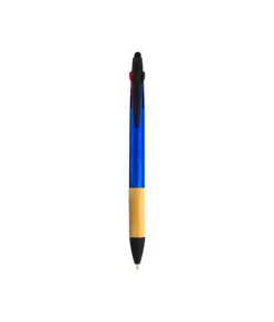 Penna a scatto in plastica con 3 refill, con gommino per touch screen, impugnatura in bamb