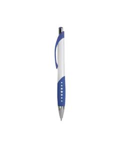 Penna a scatto in plastica con fusto bianco, impugatura gommata e colorata