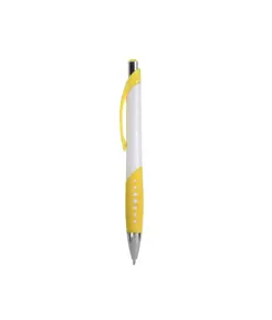 Penna a scatto in plastica con fusto bianco, impugatura gommata e colorata