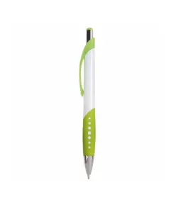 Penna a scatto in plastica con fusto bianco, impugatura gommata e colorata