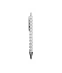 Penna a scatto in plastica con fusto, clip e pulsante bianchi, rivestimento gommato