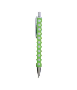 Penna a scatto in plastica con fusto, clip e pulsante bianchi, rivestimento gommato