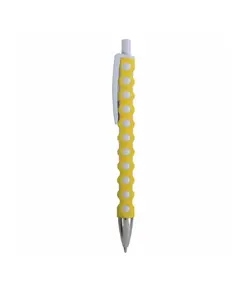 Penna a scatto in plastica con fusto, clip e pulsante bianchi, rivestimento gommato