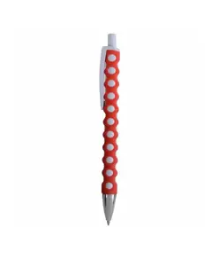 Penna a scatto in plastica con fusto, clip e pulsante bianchi, rivestimento gommato