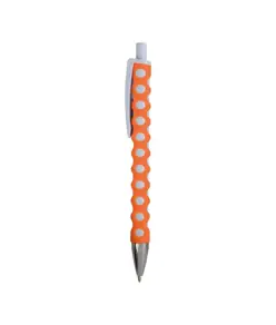Penna a scatto in plastica con fusto, clip e pulsante bianchi, rivestimento gommato