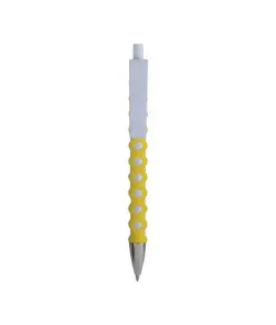 Penna a scatto in plastica con fusto, clip e pulsante bianchi, rivestimento gommato