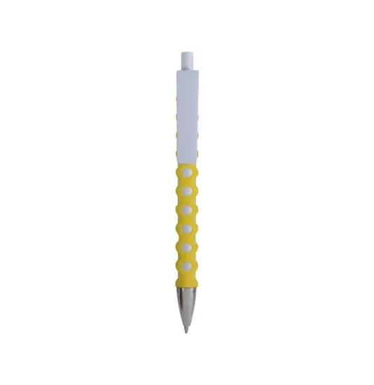 Penna a scatto in plastica con fusto, clip e pulsante bianchi, rivestimento gommato