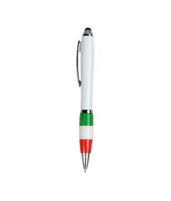 Penna twist in plastica con fusto bianco, impugnatura tricolore e gommino per touch screen