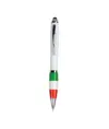 Penna twist in plastica con fusto bianco, impugnatura tricolore e gommino per touch screen