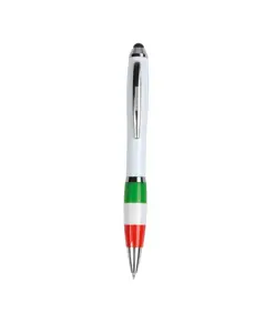 Penna twist in plastica con fusto bianco, impugnatura tricolore e gommino per touch screen