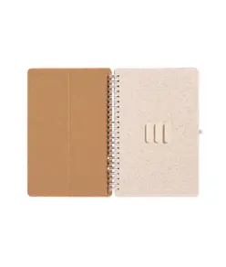 Quaderno ad anelli in sughero trasformabile in stand portacellulare.