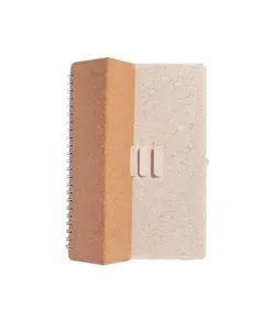 Quaderno ad anelli in sughero trasformabile in stand portacellulare.