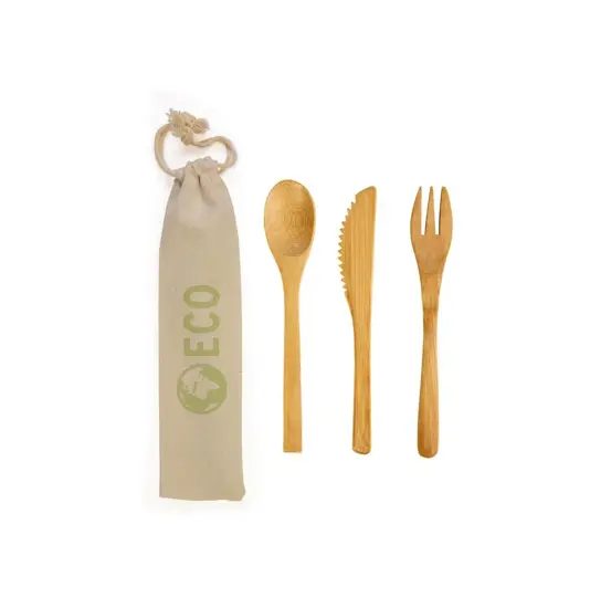 Set posate in bamboo, bustina in cotone