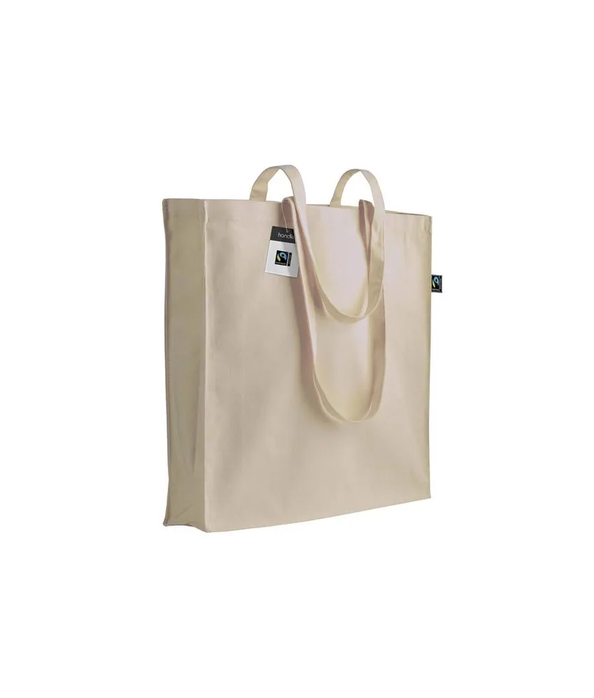 50 pezzi Shopper certificata Fairtrade in cotone 140g/m2, manici lunghi e soffietto Handle