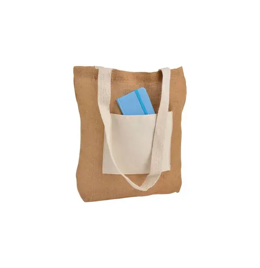 Shopper con soffietto alla base in Juta con manici e tasca esterna (18 x 15 cm) in cotone Handle