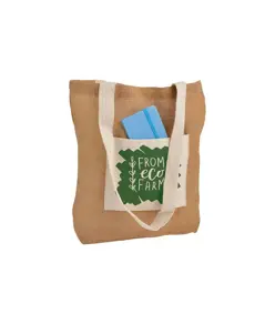 Shopper con soffietto alla base in Juta con manici e tasca esterna (18 x 15 cm) in cotone Handle