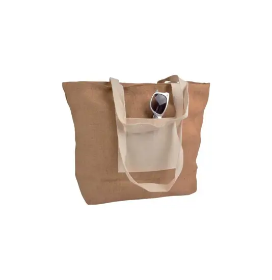 Shopper con soffietto alla base in juta con manici e tasca esterna (18 x 15 cm) in cotone Handle