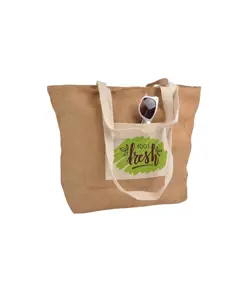Shopper con soffietto alla base in juta con manici e tasca esterna (18 x 15 cm) in cotone Handle