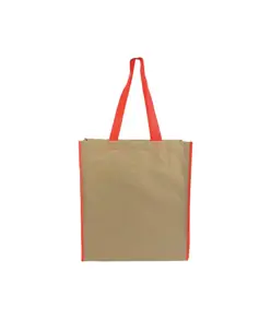 Shopper con soffietto in carta con interno in PP 140 g/m2, manici lunghi a nastro colorati