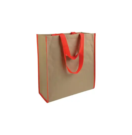 Shopper con soffietto in carta con interno in PP 140 g/m2, manici lunghi a nastro colorati