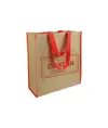Shopper con soffietto in carta con interno in PP 140 g/m2, manici lunghi a nastro colorati