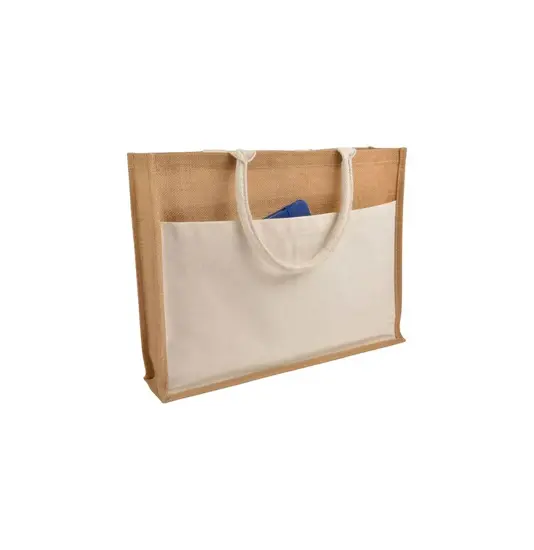 Shopper con soffietto in Juta con interno cerato, manici e  tasca esterna in cotone Handle