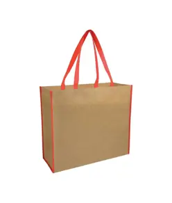 Shopper con soffietto in TNT laminato, manici lunghi a nastro colorati Handle
