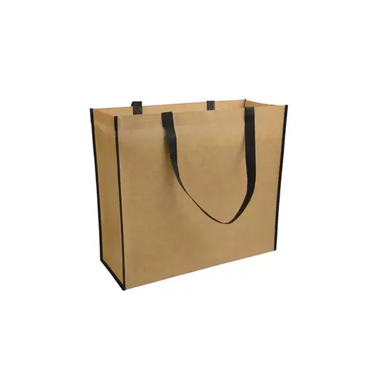 Shopper con soffietto in TNT laminato, manici lunghi a nastro colorati Handle