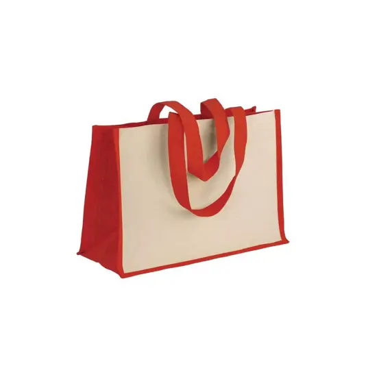 Shopper in cotone 280 g/m2 con soffietto dettagli in juta, manici lunghi Handle