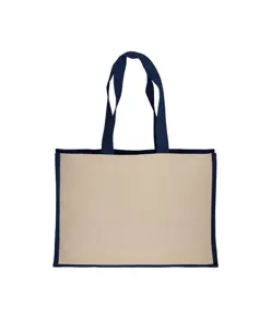 Shopper in cotone 280 g/m2 con soffietto dettagli in juta, manici lunghi Handle
