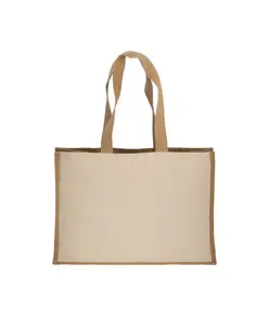 Shopper in cotone 280 g/m2 con soffietto, retro, manici e orlo in juta, manici lunghi Handle