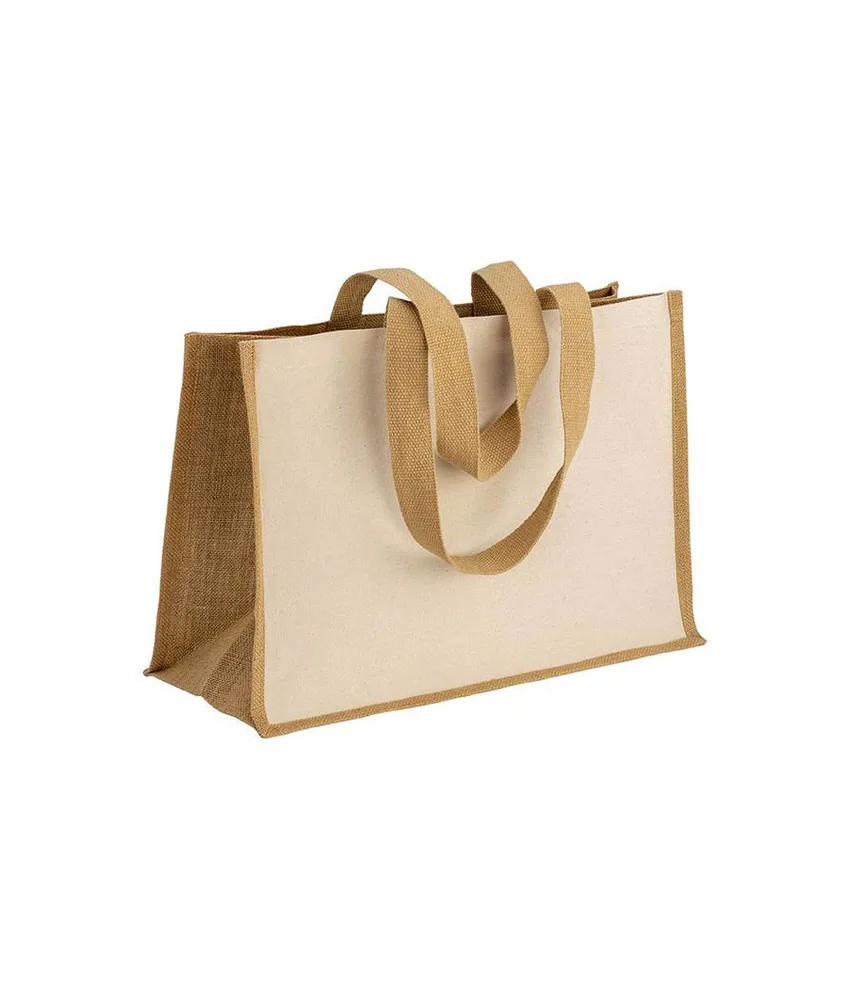 5 pezzi Shopper in cotone 280 g/m2 con soffietto, retro, manici e orlo in juta, manici lunghi Handle