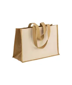 Shopper in cotone 280 g/m2 con soffietto, retro, manici e orlo in juta, manici lunghi Handle