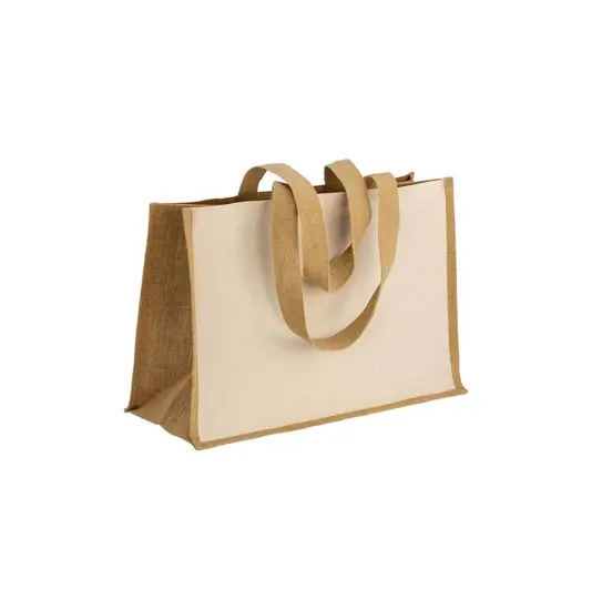 Shopper in cotone 280 g/m2 con soffietto, retro, manici e orlo in juta, manici lunghi Handle