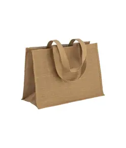 Shopper in cotone 280 g/m2 con soffietto, retro, manici e orlo in juta, manici lunghi Handle