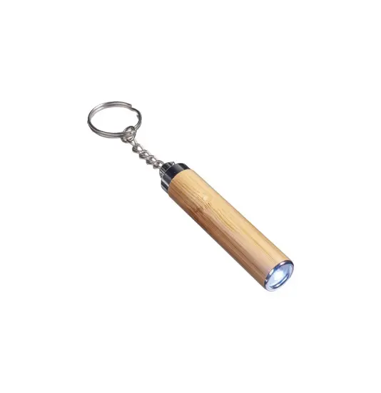 Torcia  LED in bamboo con anello portachiavi, 3 batterie LR41 incluse