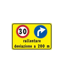 Cartello rallentare deviazione 200 m per cantieri temporanei