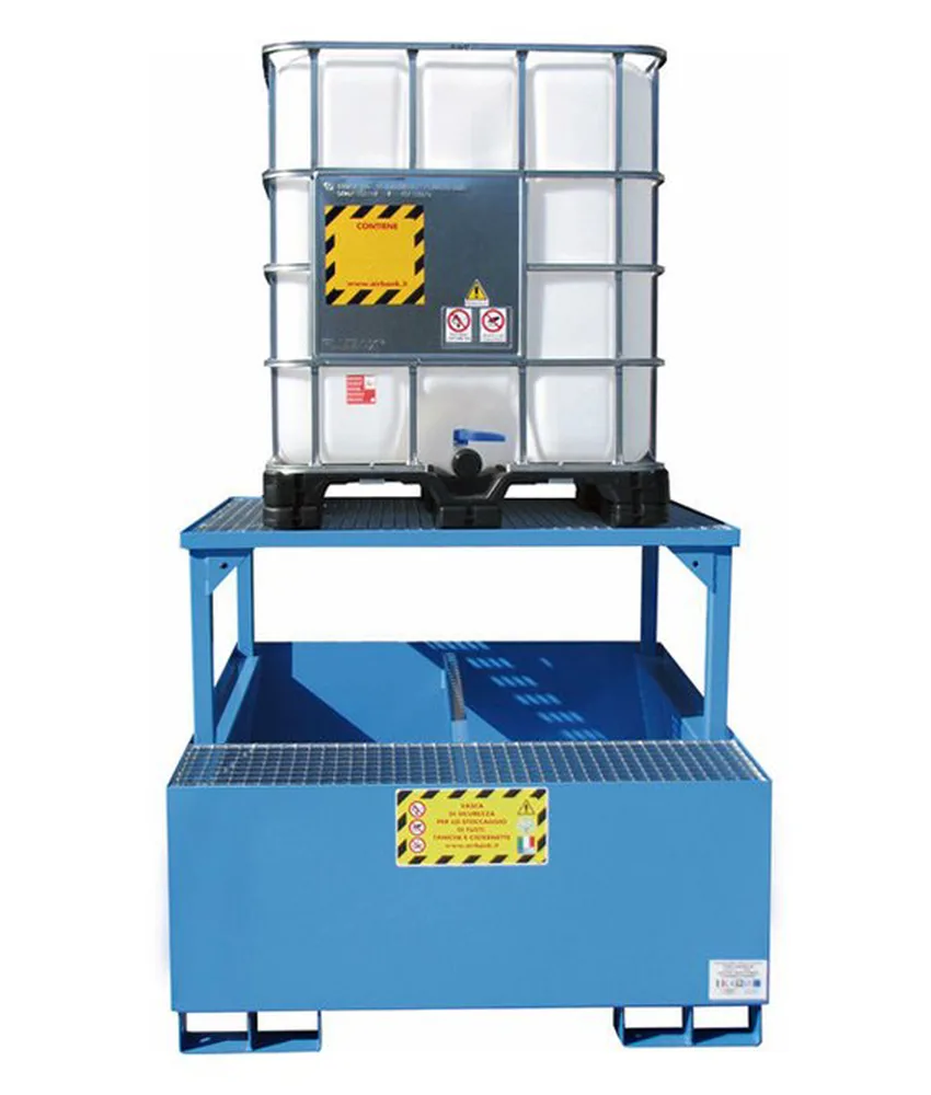 Vasca di raccolta in acciaio per cisterna 100 litri, Rialzo per cisterna incluso - griglie per aerazione naturale - volume 1150 L