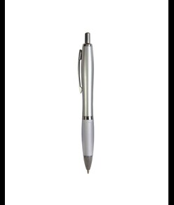 Penna a scatto in plastica, con fusto argentato, impugnatura colorata gommata