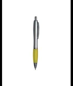 Penna a scatto in plastica, con fusto argentato, impugnatura colorata gommata