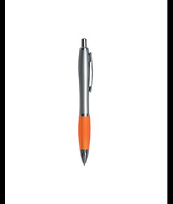 Penna a scatto in plastica, con fusto argentato, impugnatura colorata gommata