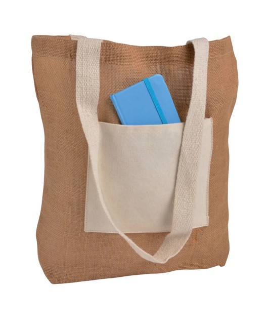 Shopper con soffietto alla base in Juta con manici e tasca esterna (18 x 15 cm) in cotone Handle