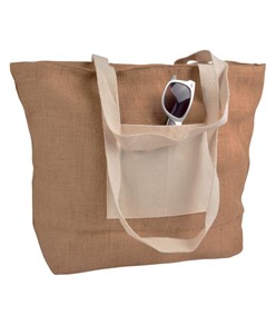 Shopper con soffietto alla base in juta con manici e tasca esterna (18 x 15 cm) in cotone Handle