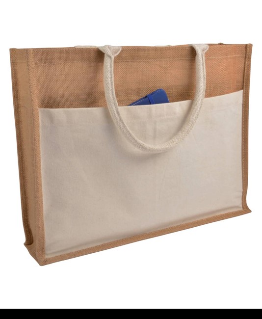 Shopper con soffietto in Juta con interno cerato, manici e  tasca esterna in cotone Handle