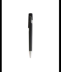 Penna a scatto in plastica con fusto nero, punta e particolare metallizzati