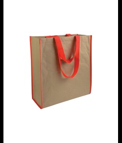 Shopper con soffietto in carta con interno in PP 140 g/m2, manici lunghi a nastro colorati